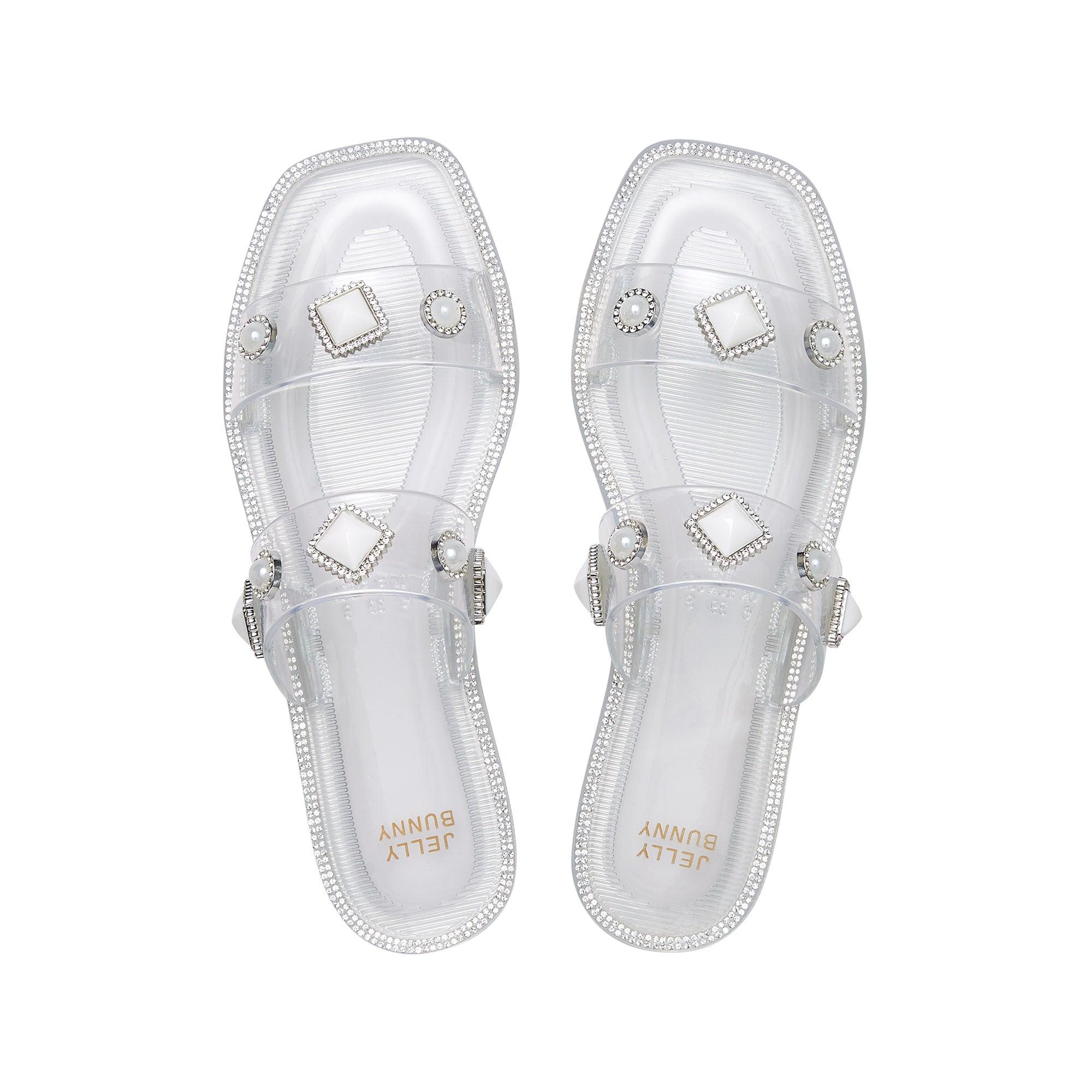 Helen Crystal Flat Sandals White