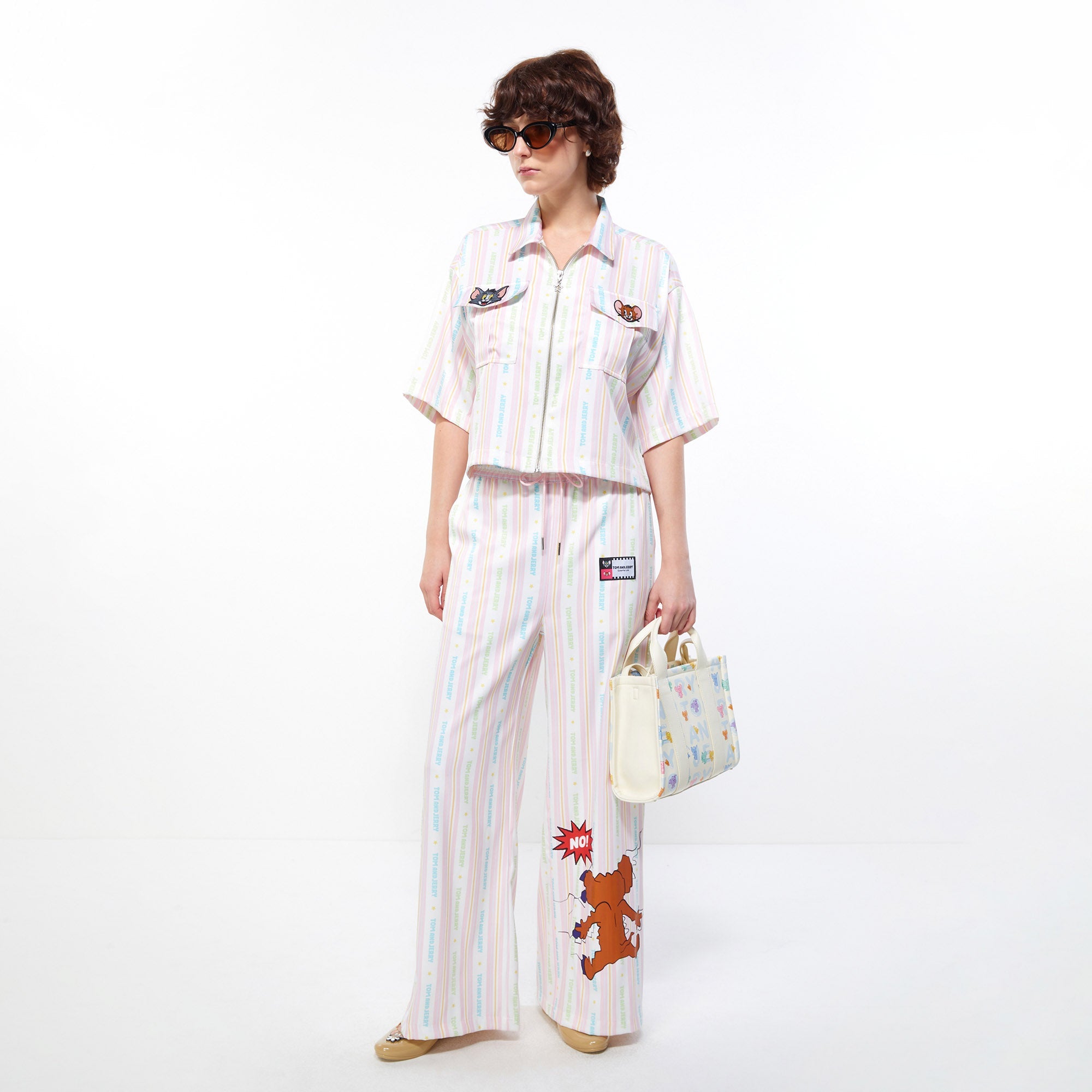 Pastel Tom and Jerry Stripe Zip-Front Crop Shirt Multi Color