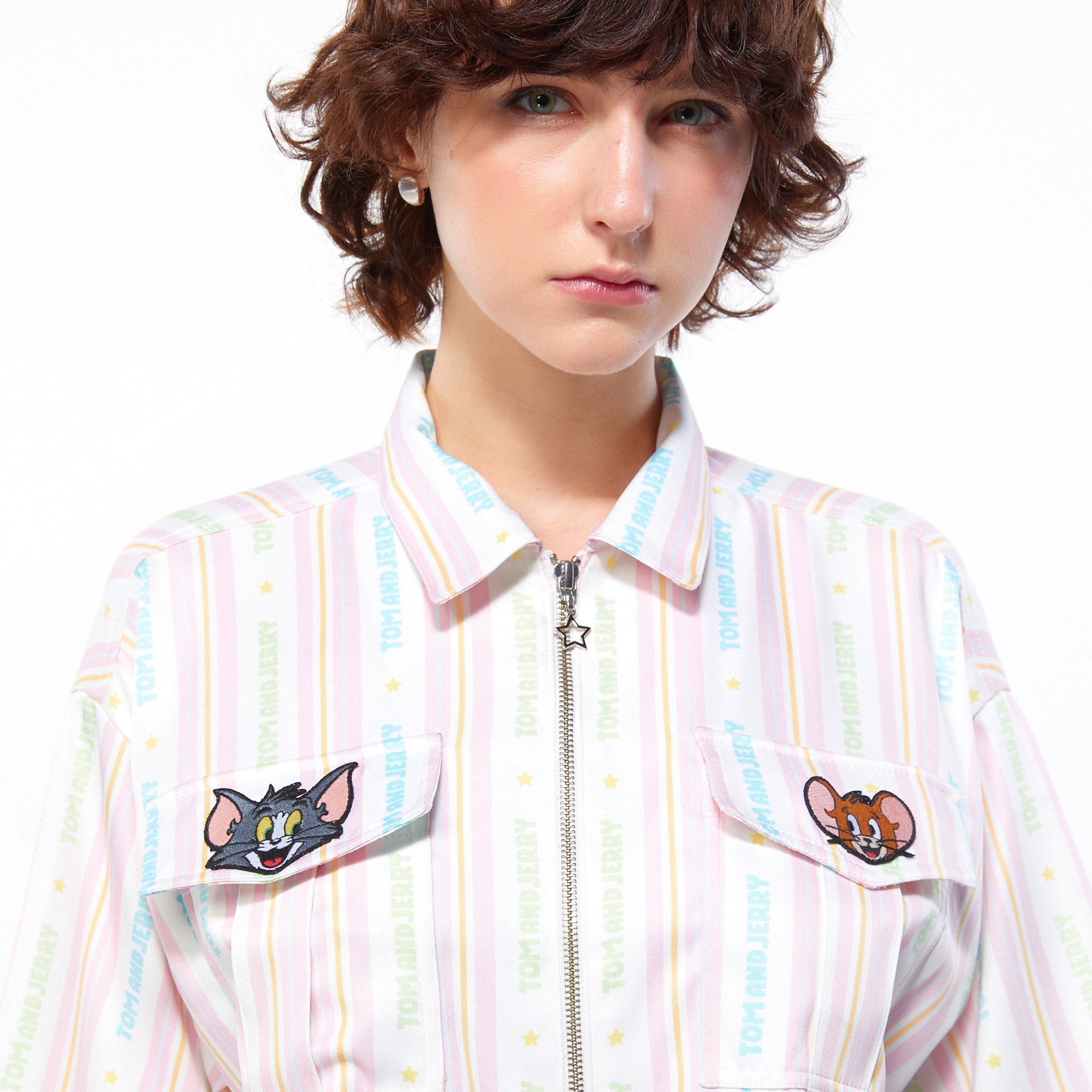 Pastel Tom and Jerry Stripe Zip-Front Crop Shirt Multi Color