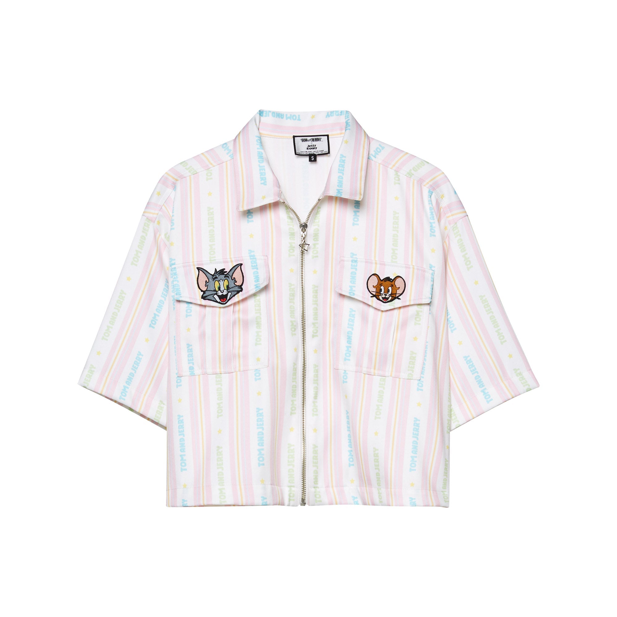 Pastel Tom and Jerry Stripe Zip-Front Crop Shirt Multi Color