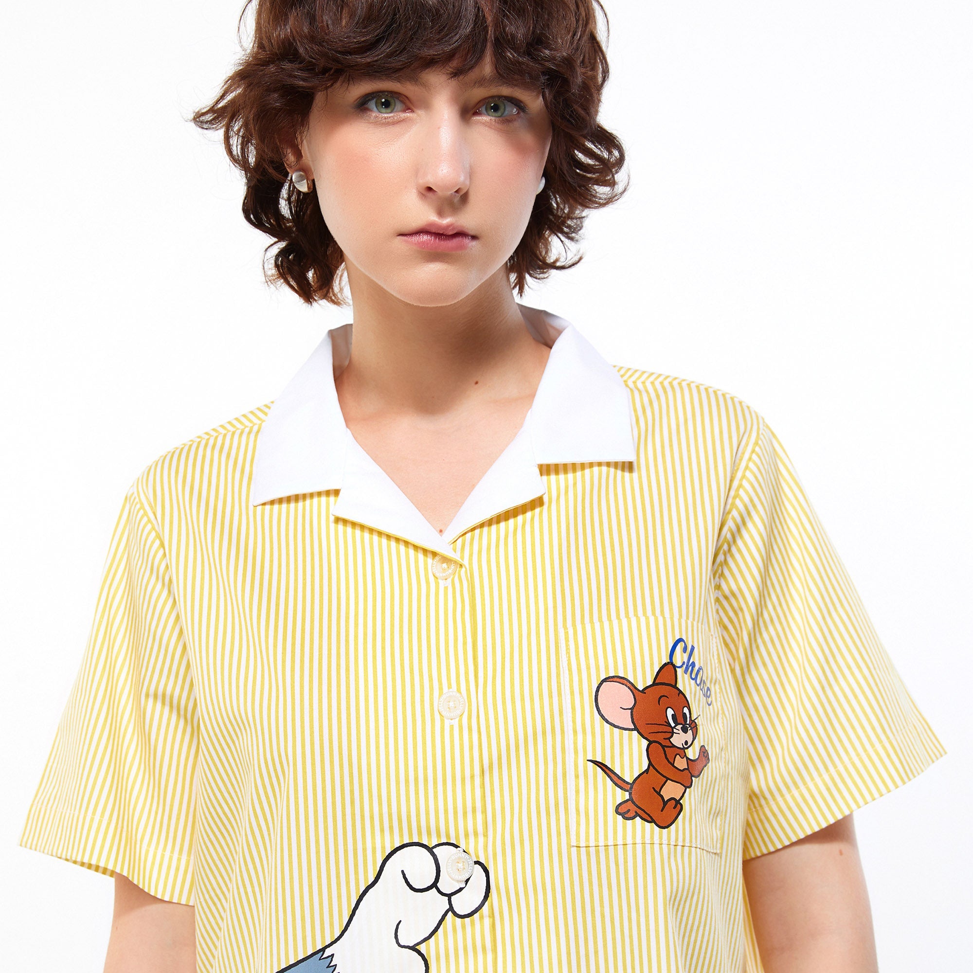 Tom and Jerry Chase Scene Stripe Bowling Shirt Yellow