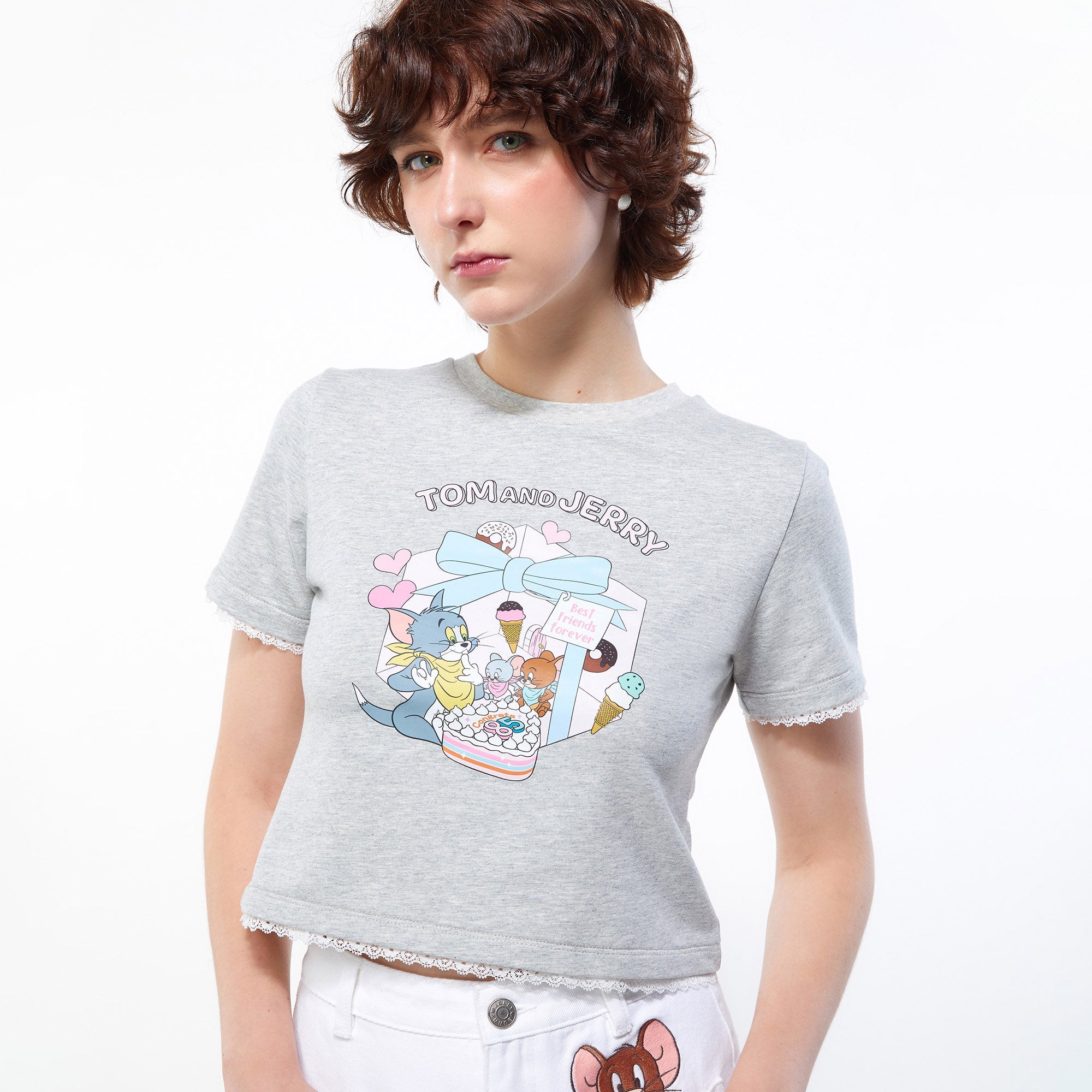 Happy 85Th Birthday Tom and Jerry Crop Tee Grey